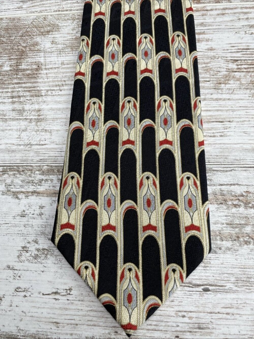 Contissima X-Long Silk Tie Art Deco Geometric Black Gold Red 64” Handmade
